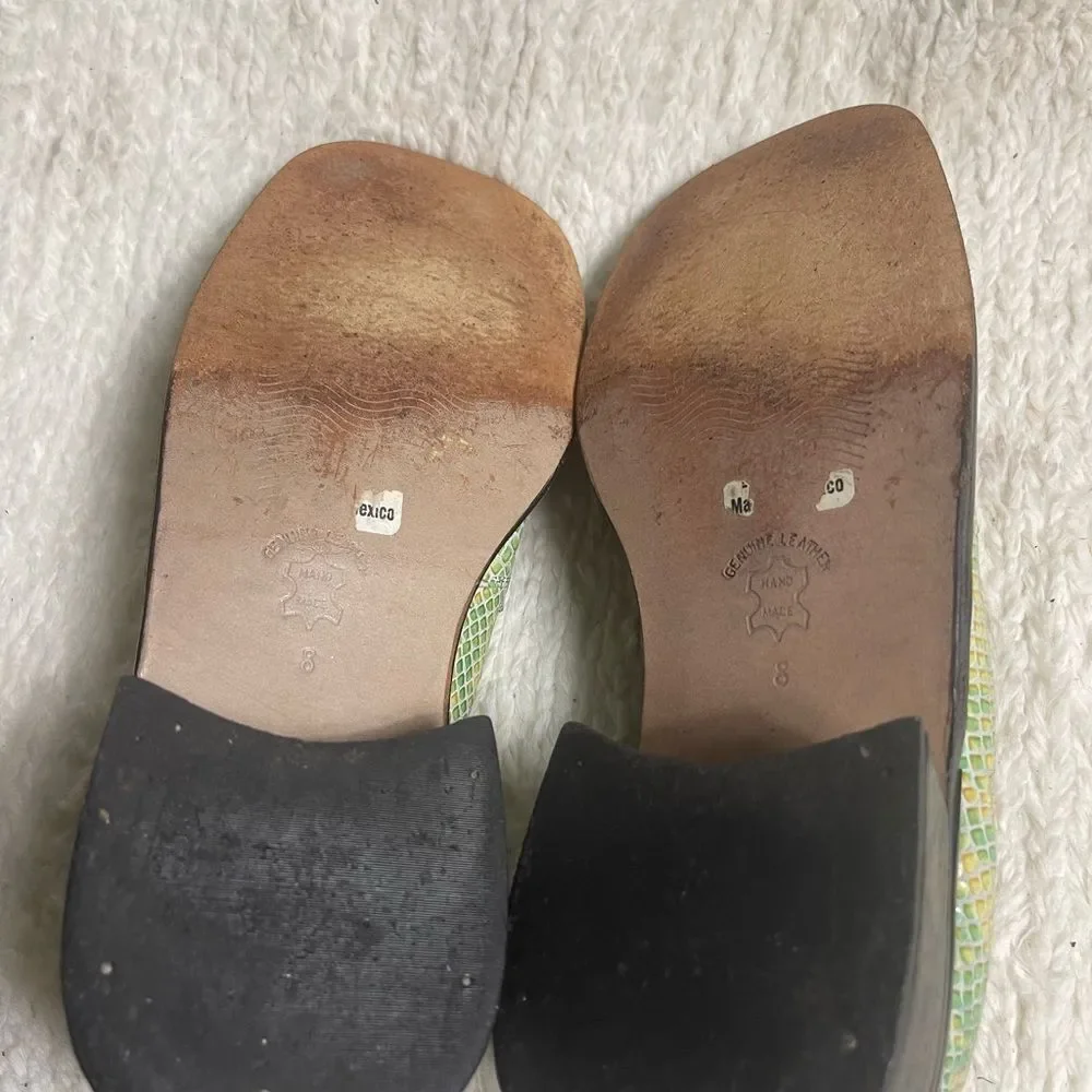 MABOU leather snake skin print Green and Yellow Loafers Block heels SZ8